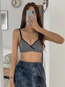 DAZY Plaid Contrast Binding Bra,Back To School Clothes - Black and White - View 4