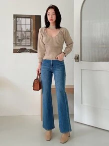 DAZY 條紋針織吊帶上衣和超短版套頭毛衣 - 卡其色 - 查看 8