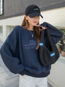 DAZY Áo chui đầu Oversized Mỏ neo & Thêu Chữ Thả vai - Màu xanh hải quân - Xem 1