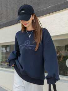 DAZY Áo chui đầu Oversized Mỏ neo & Thêu Chữ Thả vai - Màu xanh hải quân - Xem 3