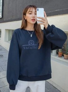DAZY Áo chui đầu Oversized Mỏ neo & Thêu Chữ Thả vai - Màu xanh hải quân - Xem 4