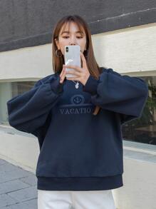 DAZY Áo chui đầu Oversized Mỏ neo & Thêu Chữ Thả vai - Màu xanh hải quân - Xem 5