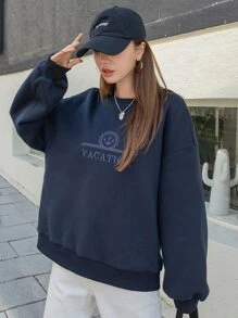 DAZY Áo chui đầu Oversized Mỏ neo & Thêu Chữ Thả vai - Màu xanh hải quân - Xem 6