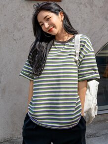 DAZY Block Striped Letter Embroidery Drop Shoulder Tee Oversized T-Shirt - Multicolor - View 3