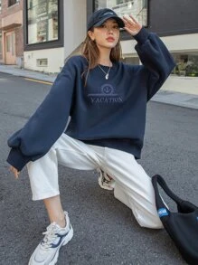 DAZY Áo chui đầu Oversized Mỏ neo & Thêu Chữ Thả vai - Màu xanh hải quân - Xem 7