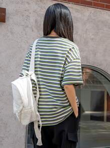 DAZY Block Striped Letter Embroidery Drop Shoulder Tee Oversized T-Shirt - Multicolor - View 2