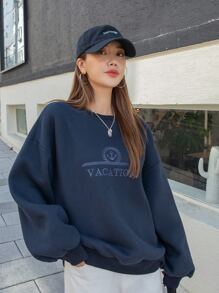 DAZY Áo chui đầu Oversized Mỏ neo & Thêu Chữ Thả vai - Màu xanh hải quân - Xem 8