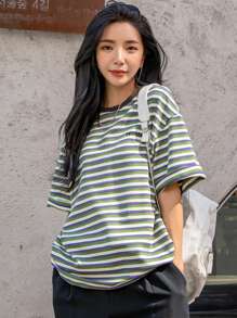 DAZY Block Striped Letter Embroidery Drop Shoulder Tee Oversized T-Shirt - Multicolor - View 1