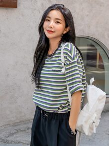 DAZY Block Striped Letter Embroidery Drop Shoulder Tee Oversized T-Shirt - Multicolor - View 4
