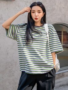 DAZY Block Striped Letter Embroidery Drop Shoulder Tee Oversized T-Shirt - Multicolor - View 5