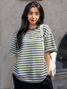 DAZY Block Striped Letter Embroidery Drop Shoulder Tee Oversized T-Shirt - Multicolor - View 6