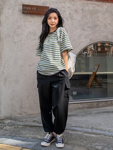 DAZY Block Striped Letter Embroidery Drop Shoulder Tee Oversized T-Shirt - Multicolor - View 7