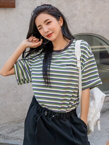 DAZY Block Striped Letter Embroidery Drop Shoulder Tee Oversized T-Shirt - Multicolor - View 8