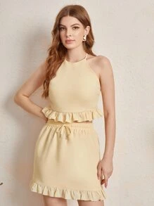 ANEKÉ Tie Back Ruffle Hem Halter Top and Skirt Set - Apricot - View 1