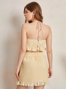 ANEKÉ Tie Back Ruffle Hem Halter Top and Skirt Set - Apricot - View 2