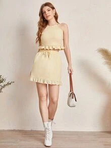 ANEKÉ Tie Back Ruffle Hem Halter Top and Skirt Set - Apricot - View 3