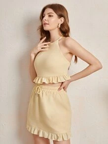 ANEKÉ Tie Back Ruffle Hem Halter Top and Skirt Set - Apricot - View 5