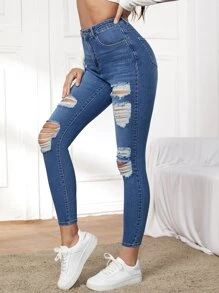 SHEIN Essnce Medium Stretch Ripped Skinny Jeans - Medium Wash - View 3