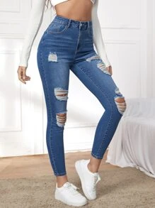 SHEIN Essnce Medium Stretch Ripped Skinny Jeans - Medium Wash - View 5