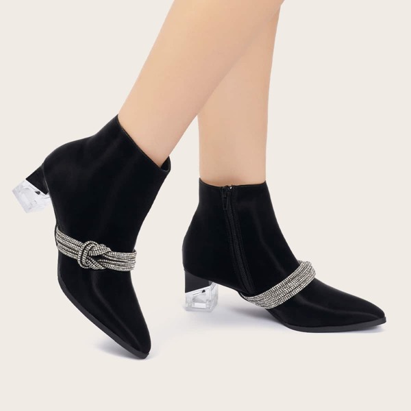 

Rhinestone & Knot Decor Chunky Heeled Boots, Black
