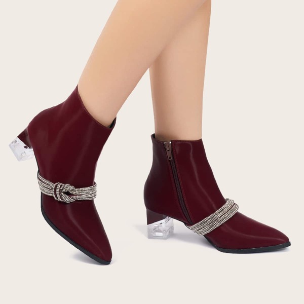 

Rhinestone & Knot Decor Chunky Heeled Boots, Burgundy
