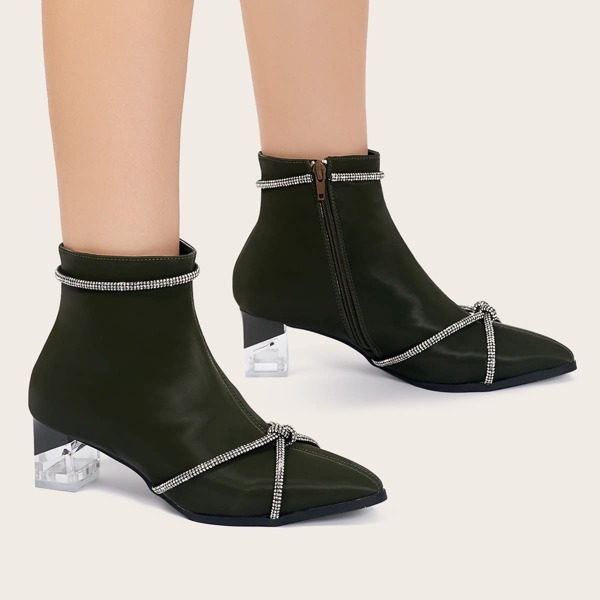 

Rhinestone & Knot Decor Chunky Heeled Boots, Black