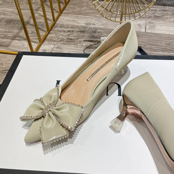 

Rhinestone & Bow Decor Court Pyramid Pumps, Mint green