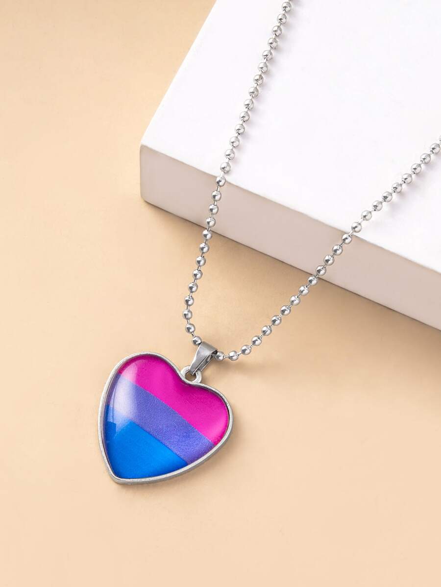 圖案心形墜飾項鍊 - 銀色 - 查看 1