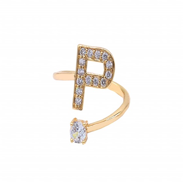 

14K Gold Plated Zircon Letter Decor Cuff Ring, Multicolor