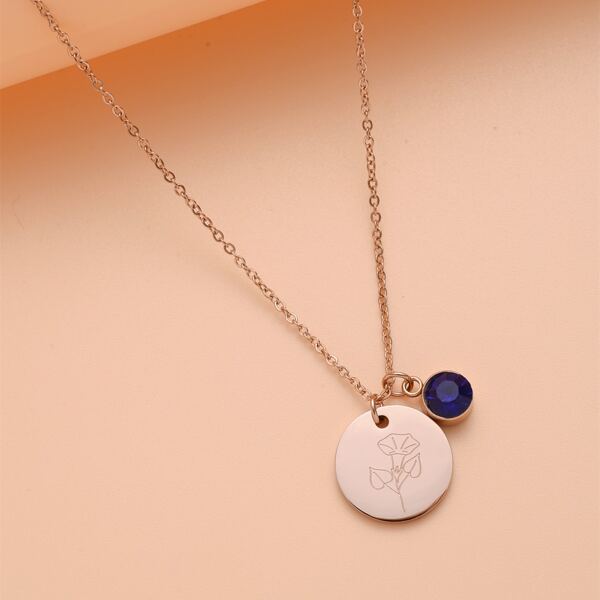

Flower Pattern Round Pendant Necklace, Rose gold