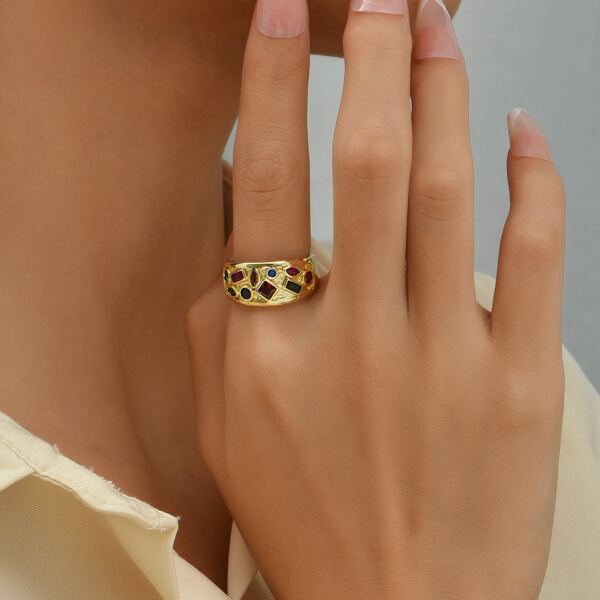 

18K Gold Plated Zircon Decor Cuff Ring, Multicolor