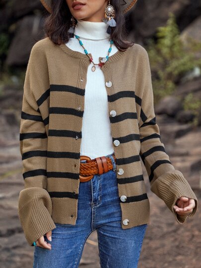 條紋圖案前排扣落肩袖開襟衫