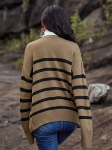 Cárdigan de rayas con botón de hombros caídos - Marrón - Ver 2