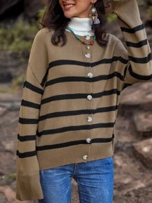 Cárdigan de rayas con botón de hombros caídos - Marrón - Ver 3