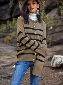 Cárdigan de rayas con botón de hombros caídos - Marrón - Ver 4