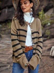 Cárdigan de rayas con botón de hombros caídos - Marrón - Ver 5