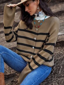 Cárdigan de rayas con botón de hombros caídos - Marrón - Ver 6