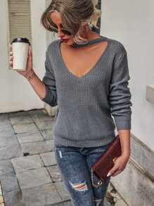 Solid Cut Out Sweater - Dark Grey - View 1