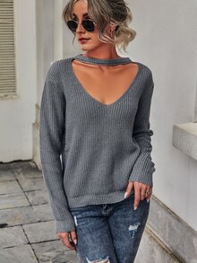 Solid Cut Out Sweater - Dark Grey - View 5