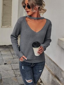 Solid Cut Out Sweater - Dark Grey - View 6
