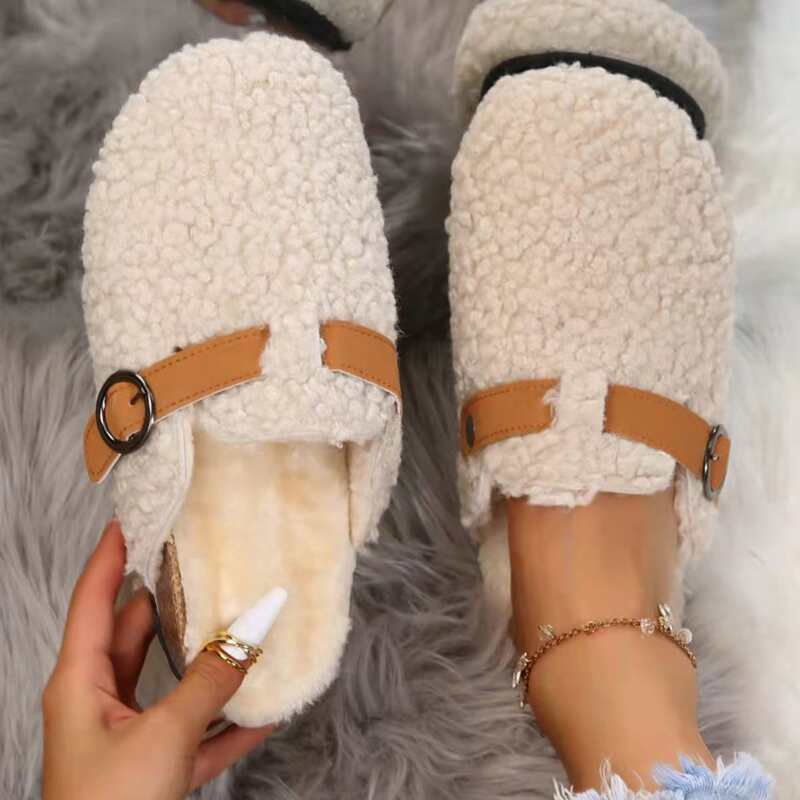 

Buckle Decor Fluffy Flat Mules, Beige