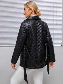 SHEIN 西裝領腰帶PU皮革絎縫外套