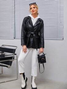 SHEIN 西裝領腰帶PU皮革絎縫外套