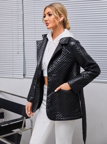 SHEIN 西裝領腰帶PU皮革絎縫外套