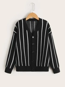 SHEIN Boys Stripe Pattern Drop Shoulder Cardigan - Black - View 1