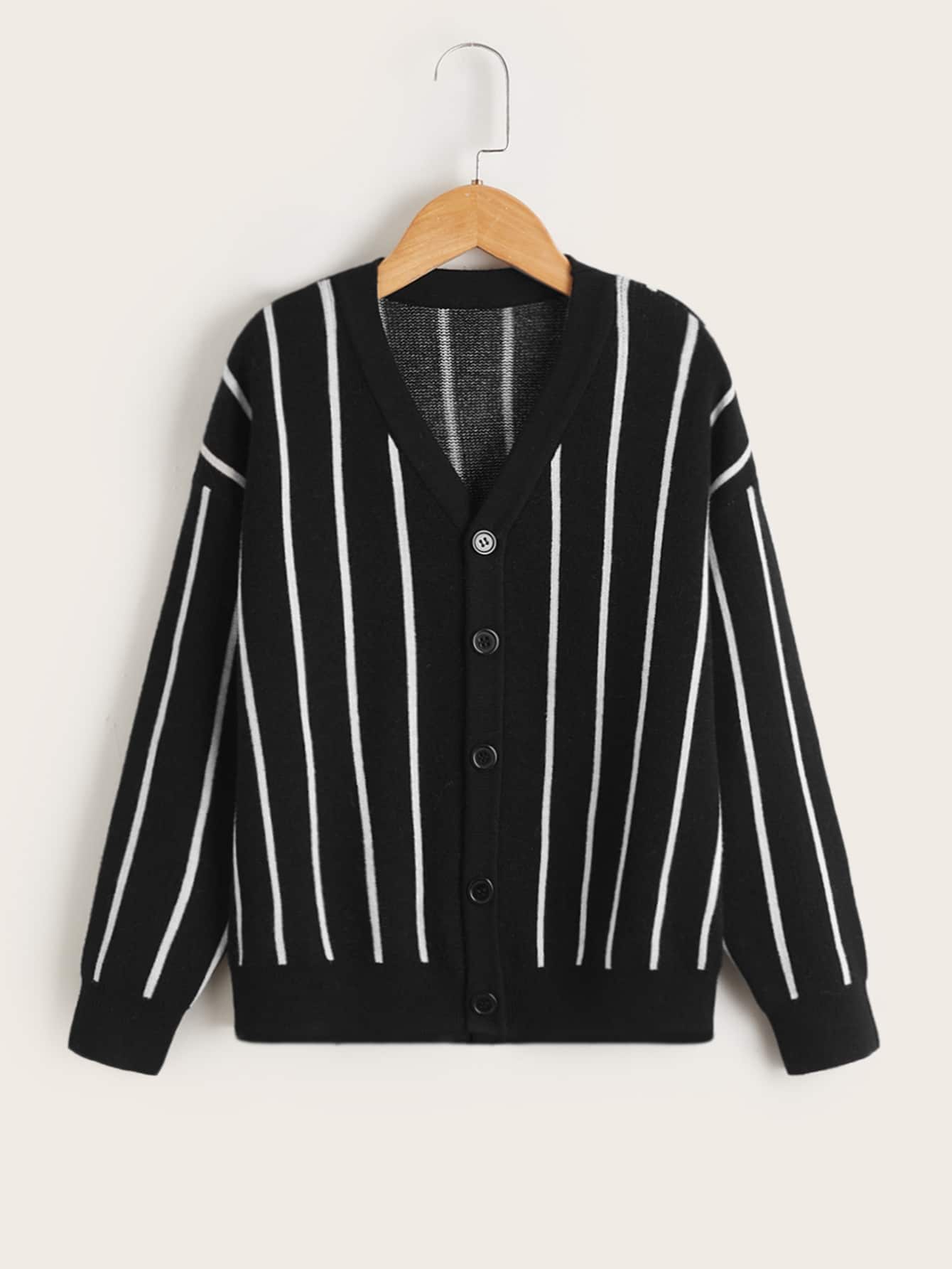 SHEIN Boys Stripe Pattern Drop Shoulder Cardigan - Black - View 1