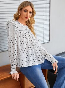 SHEIN Blusa de lunares con fruncido ribete con fruncido - Blanco - Ver 1
