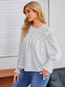 SHEIN Blusa de lunares con fruncido ribete con fruncido - Blanco - Ver 4