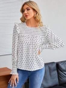 SHEIN Blusa de lunares con fruncido ribete con fruncido - Blanco - Ver 5