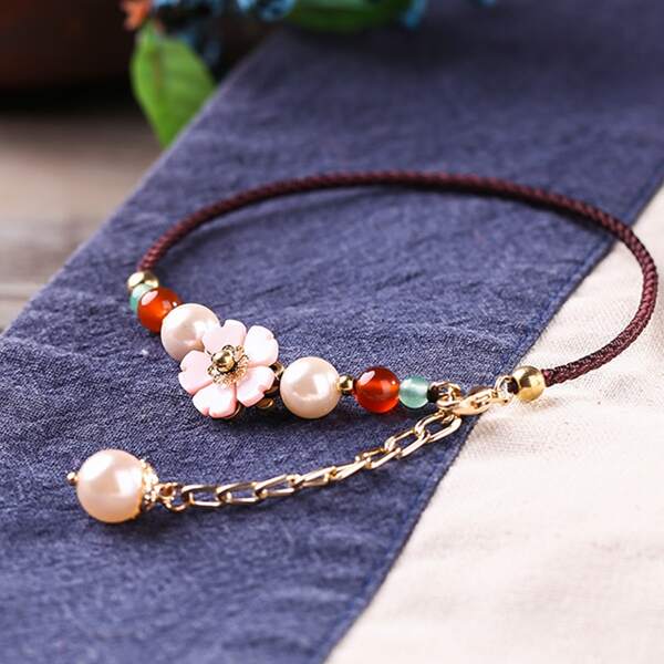 

Flower & Faux Pearl Decor Anklet, Multicolor